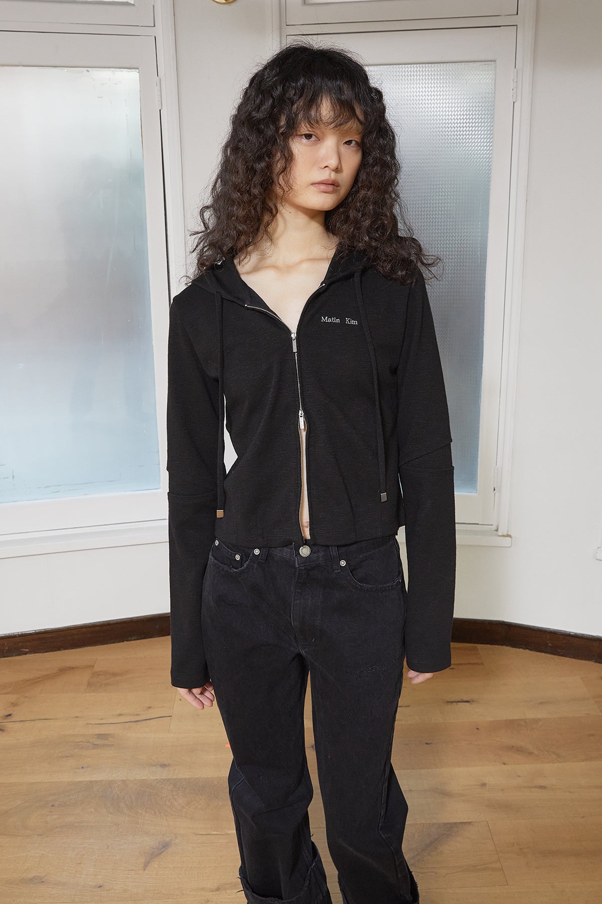 Matin Kim - Sleeve Slit Point Hoody Zip Up (Black) product image 14 | TRAB K-Fashion Australia