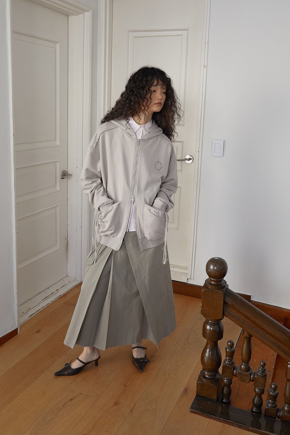 Matin Kim - Volume Pocket Hoody Zip Up (Beige) product image 13 | TRAB K-Fashion Australia