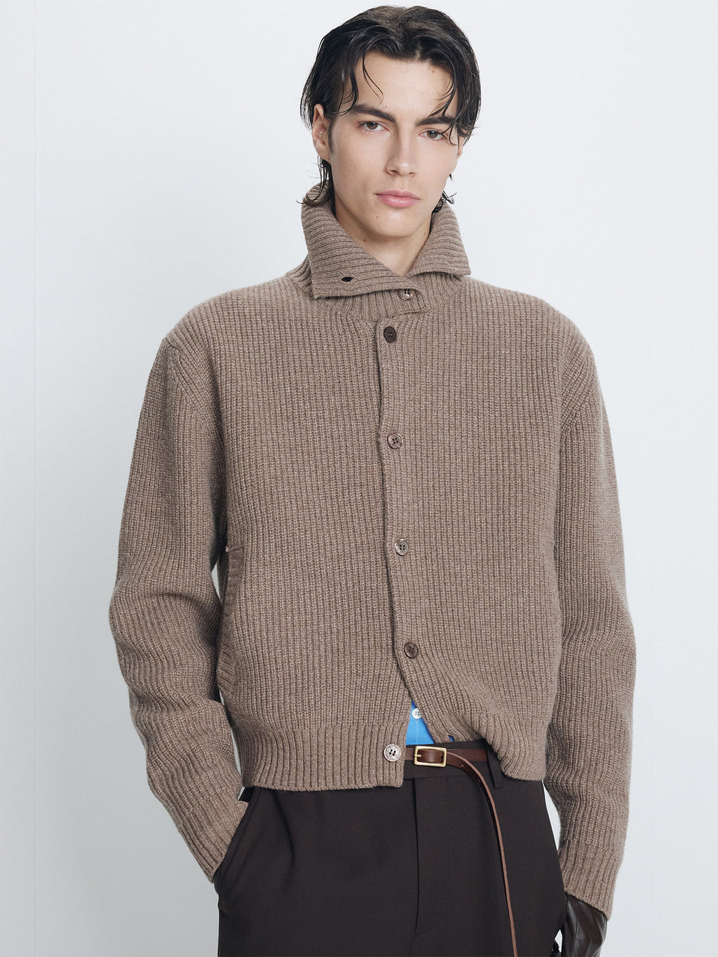 Tonywack - High Neck Merino Wool Button-Up Knitted Blouson (Taupe) product image 4 | TRAB K-Fashion Australia