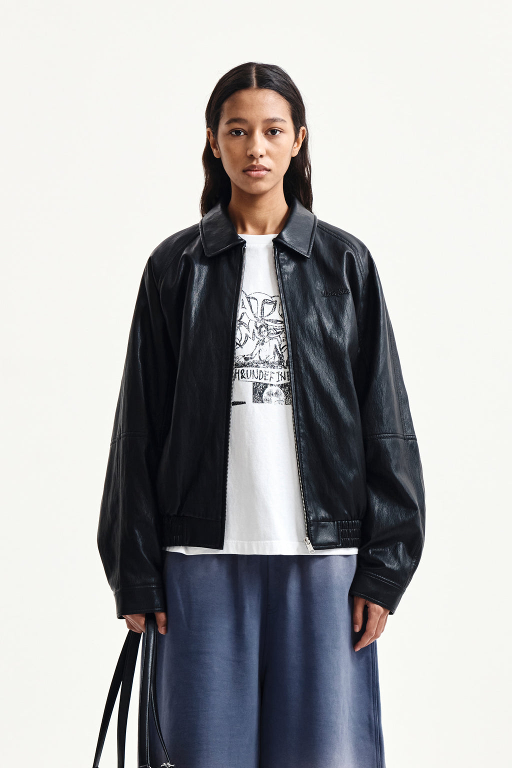 Matin Kim - Small Logo Quilted Faux Leather Zip Up Jumper (Black) product image 16 | TRAB K-Fashion Australia