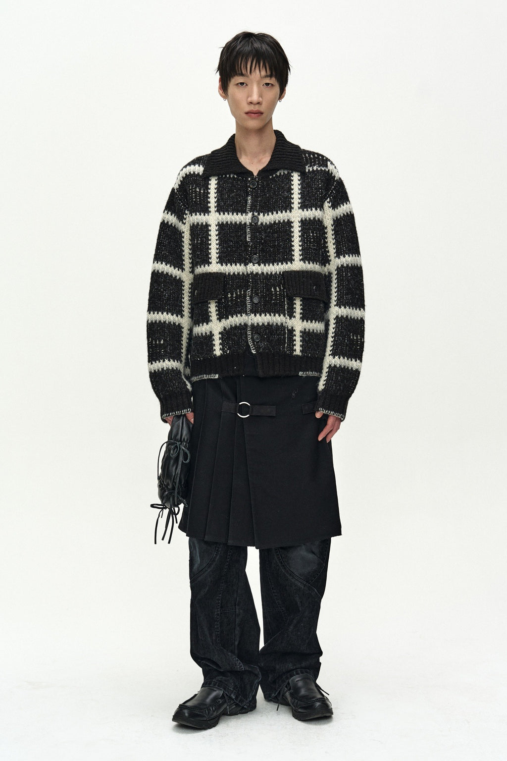 Andersson Bell - Shaggy Check Button Cardigan (Black) product image 1 | TRAB K-Fashion Australia