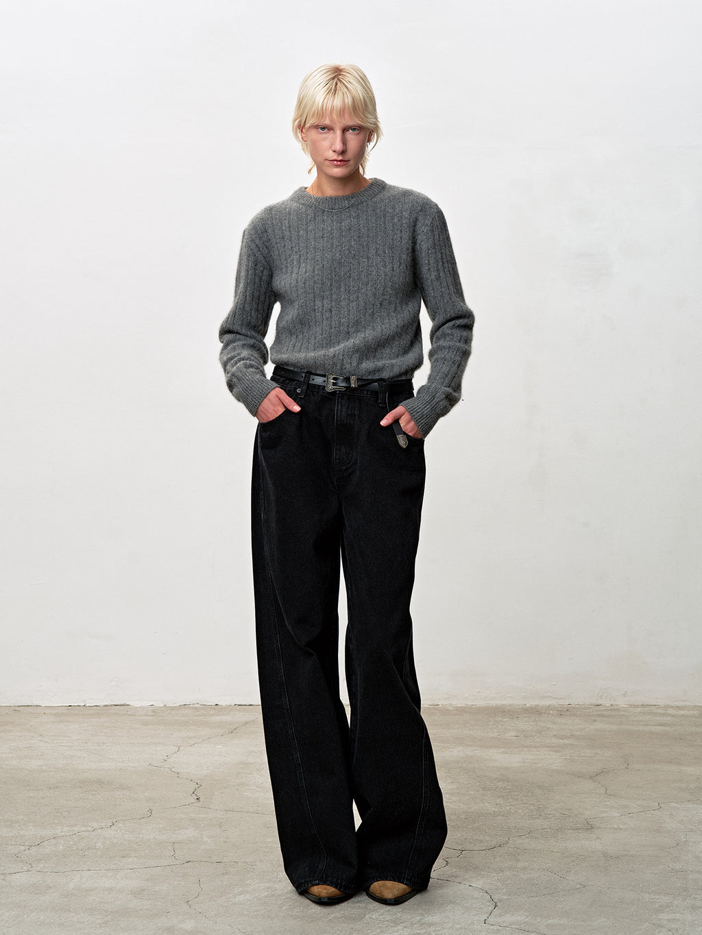 Tonywack - Superfine Merino Wool Tube Scarf Attaced Ribbed Sweater (Melange Grey) product image 1 | TRAB K-Fashion Australia