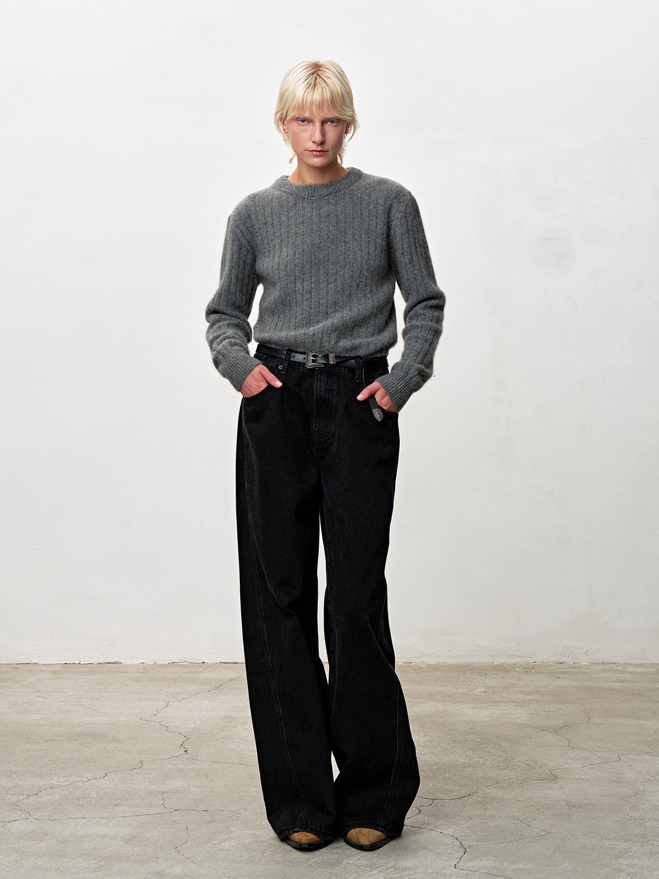 Tonywack - Superfine Merino Wool Tube Scarf Attaced Ribbed Sweater (Melange Grey) product image 1 | TRAB K-Fashion Australia