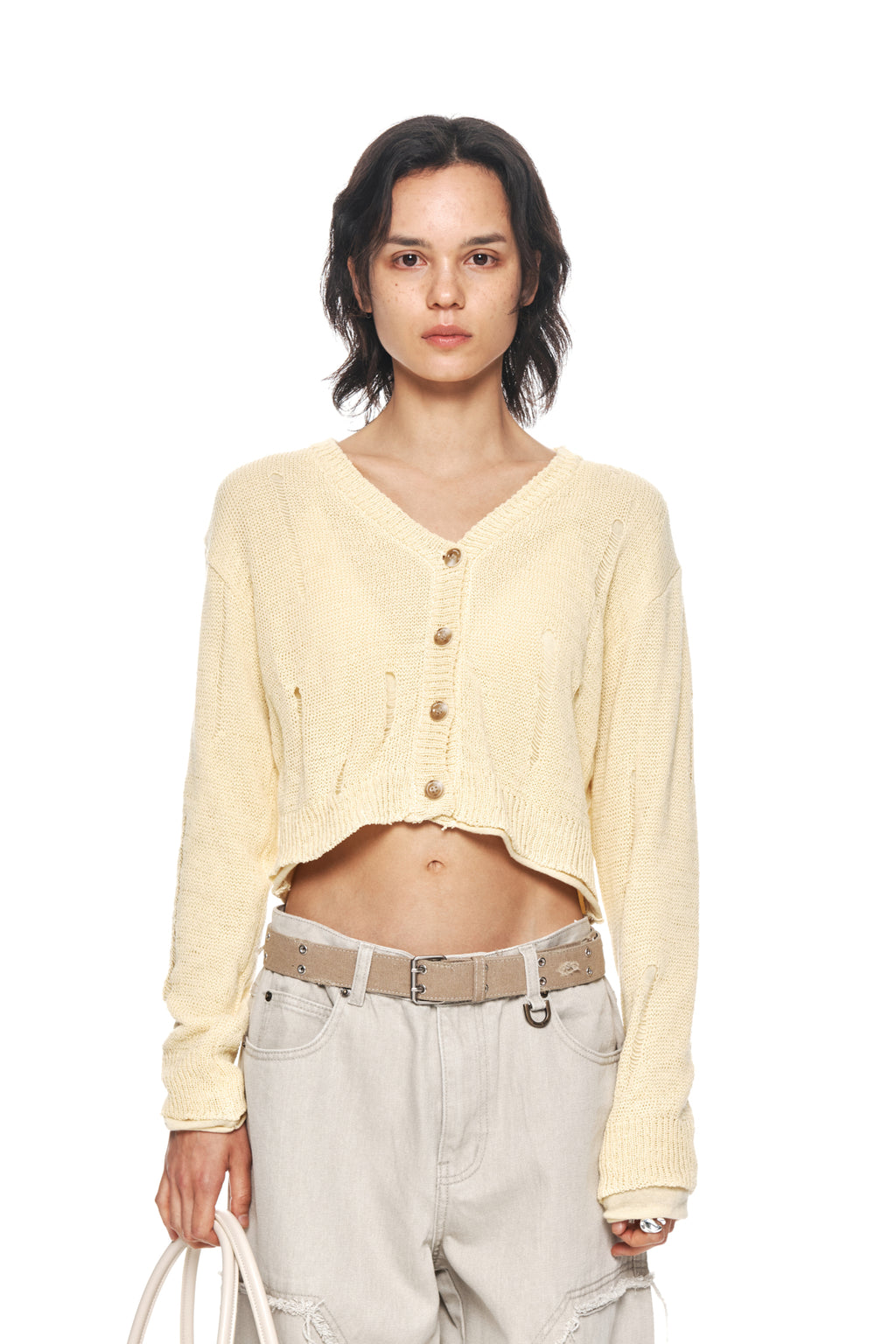 Matin Kim - Layered Damage Crop Cardigan (Light Yellow) product image 5 | TRAB K-Fashion Australia