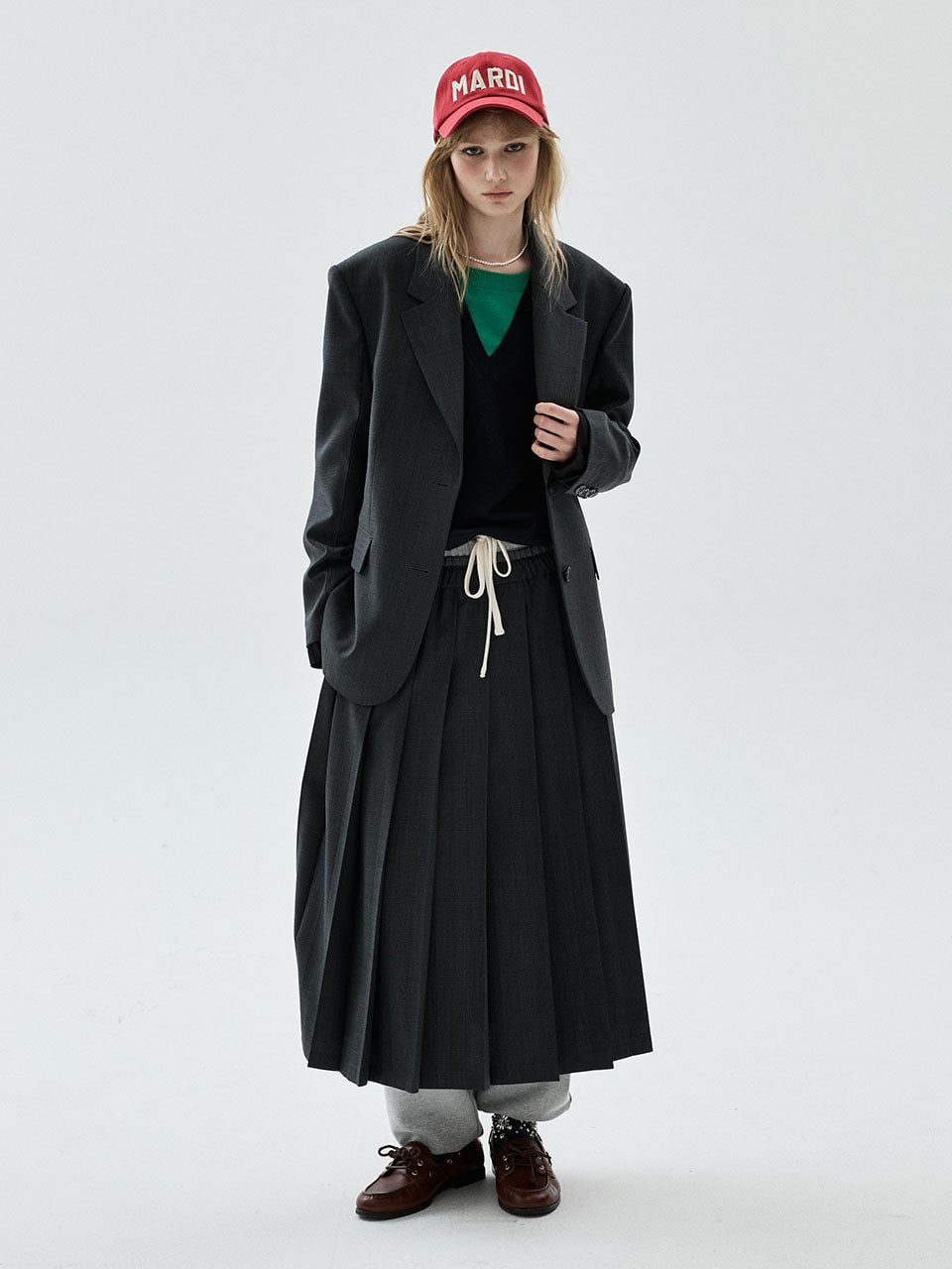 Mardi Mercredi - Wool Pleated Midi Skirt Glen Check Drawstring (Charcoal) product image 1 | TRAB K-Fashion Australia