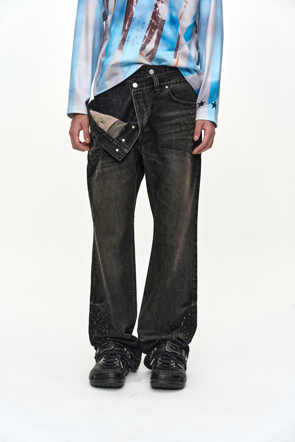 Andersson Bell - Unisex Asymmetric Layered Hot-Fix Wide-Leg Jeans (Black) product image 4 | TRAB K-Fashion Australia