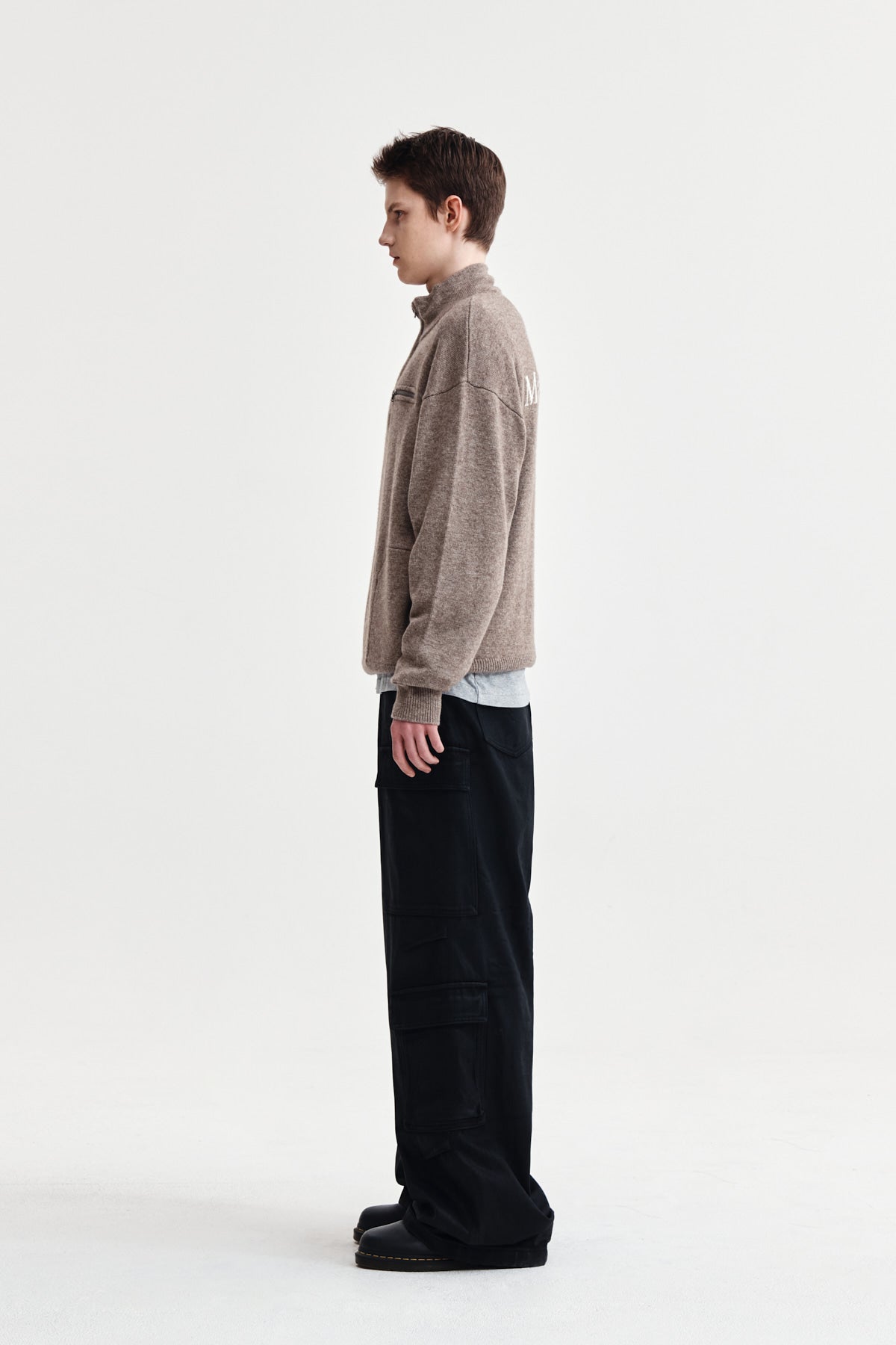 Matin Kim - Back Logo Half Knit Zip Up Pullover (Dark Beige) product image 6 | TRAB K-Fashion Australia