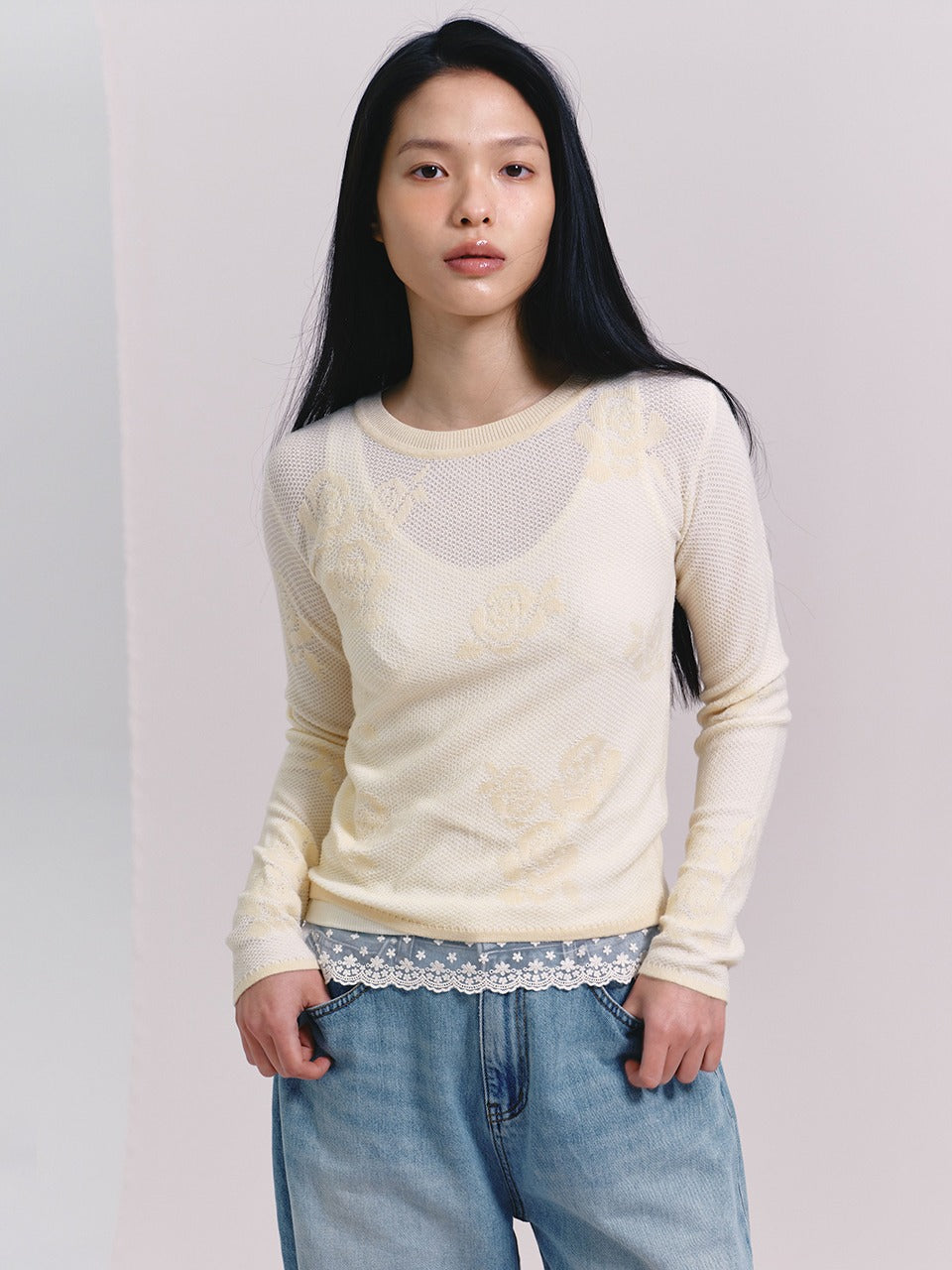 Margarin Fingers - Rose Jacquard Knit (Cream) product image 1 | TRAB K-Fashion Australia