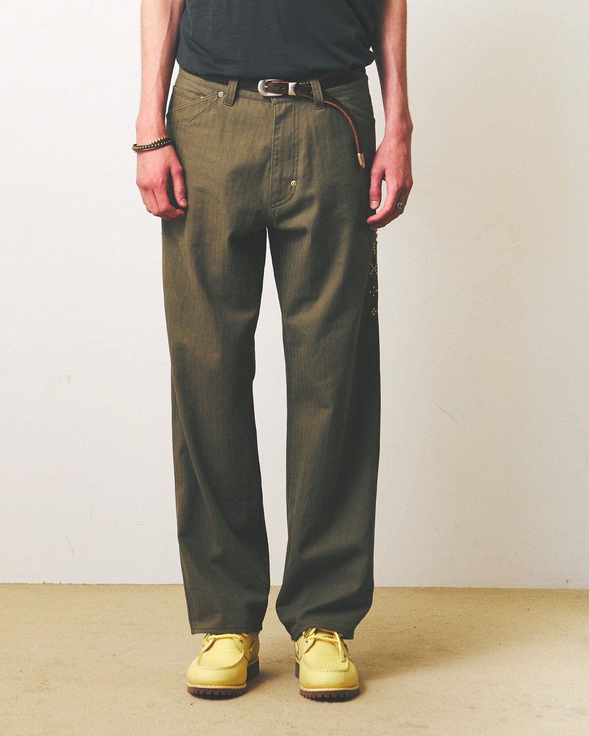 Eastlogue - Rockabilly Trucker Pants (Olive Herringbone) product image 2 | TRAB K-Fashion Australia