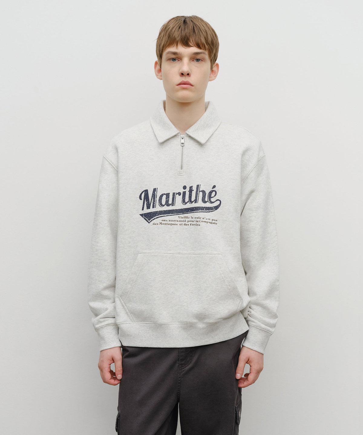Marithe & Francois Girbaud - Baseball Logo Collar Half Zipup Sweatshirt (Light Heather Gray) product image 1 | TRAB K-Fashion Australia
