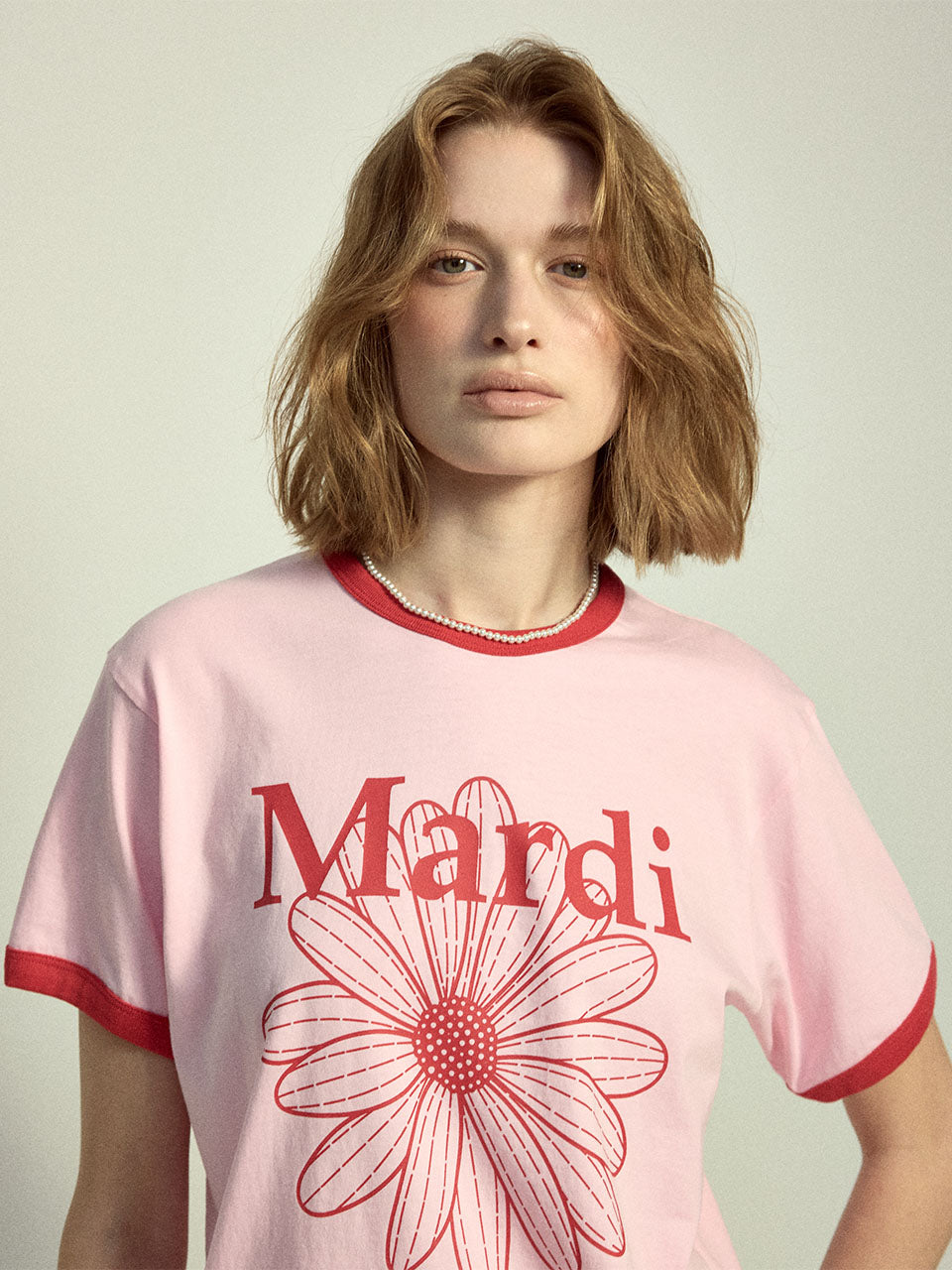 Mardi Mercredi - Slim Ringer Tshirt Flowermardi (Lightpink Red) product image 1 | TRAB K-Fashion Australia