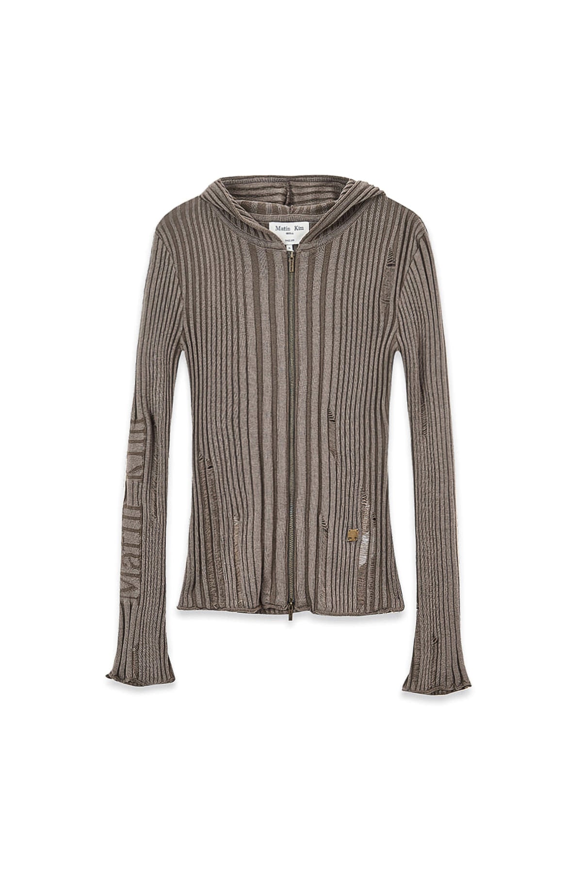 Matin Kim - Logo Point Damage Slim Hoody Cardigan (Khaki Brown) product image 1 | TRAB K-Fashion Australia