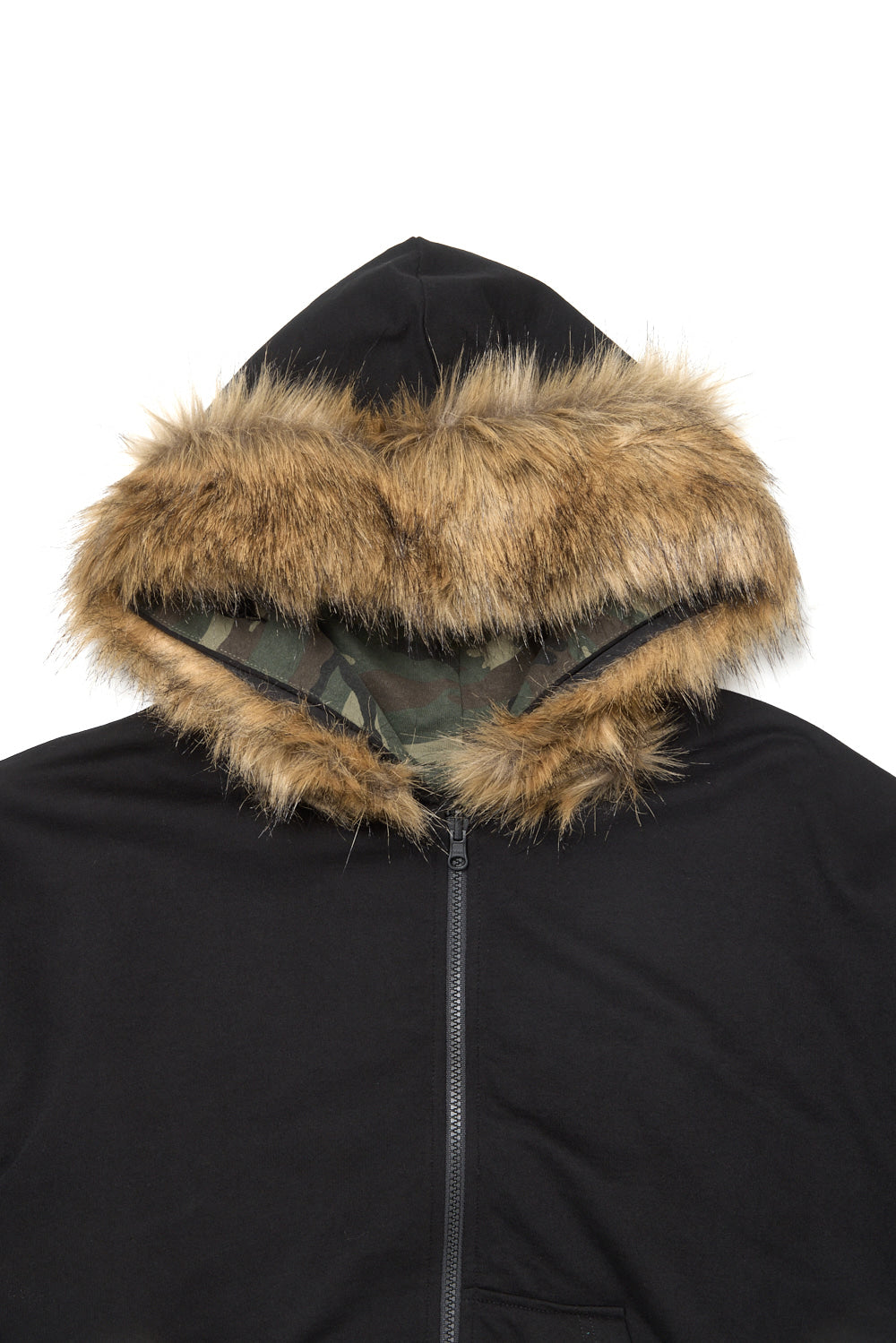 Hatchingroom - Reversible Faux Fur Hoodie (Black/Camo Khaki) product image 2 | TRAB K-Fashion Australia
