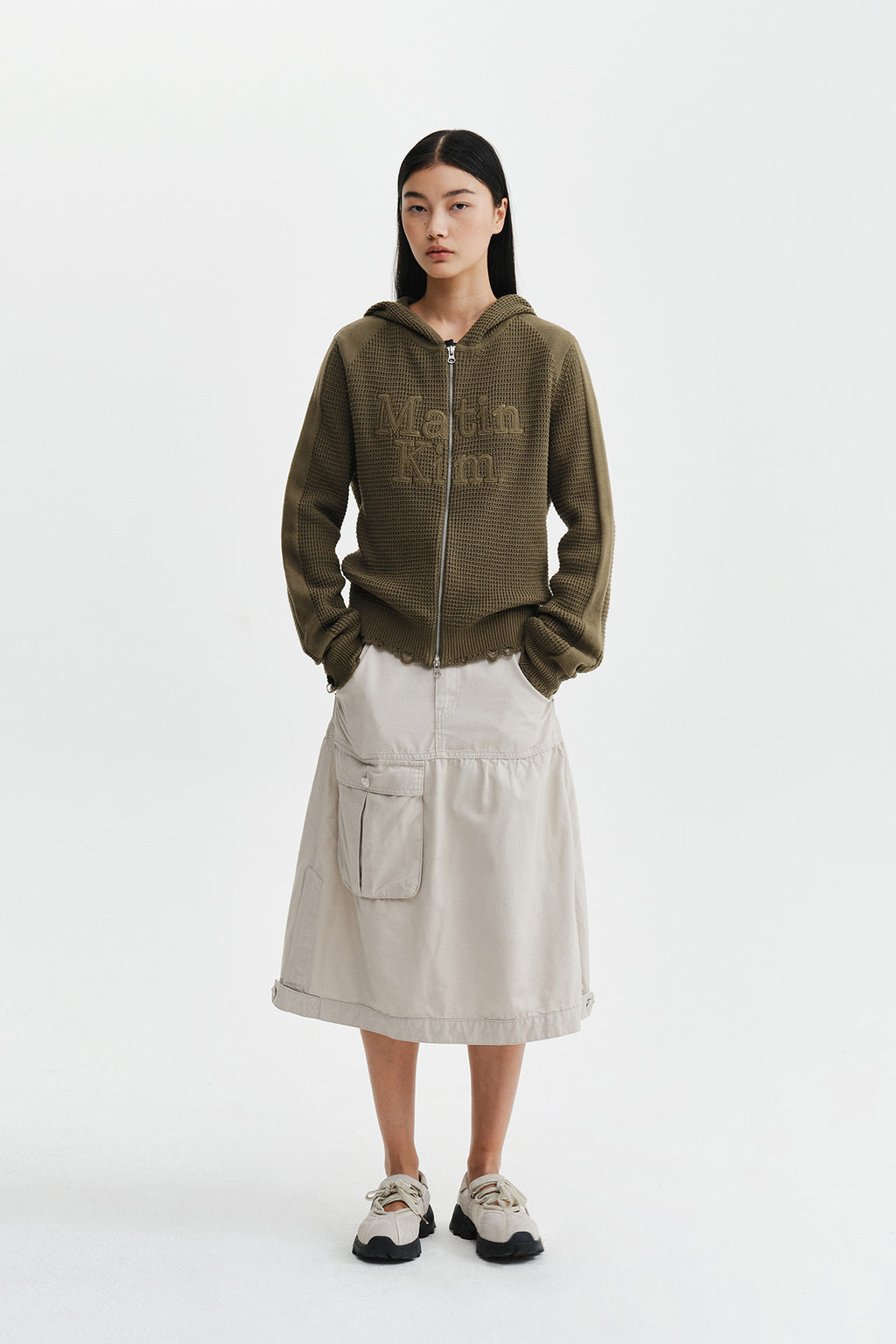 Matin Kim - Waffle Texture Hoody Knit Zip Up (Khaki) product image 10 | TRAB K-Fashion Australia