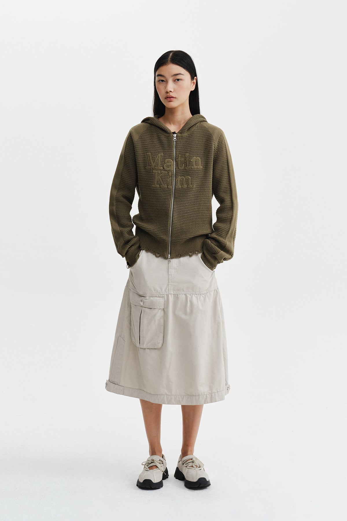 Matin Kim - Waffle Texture Hoody Knit Zip Up (Khaki) product image 10 | TRAB K-Fashion Australia