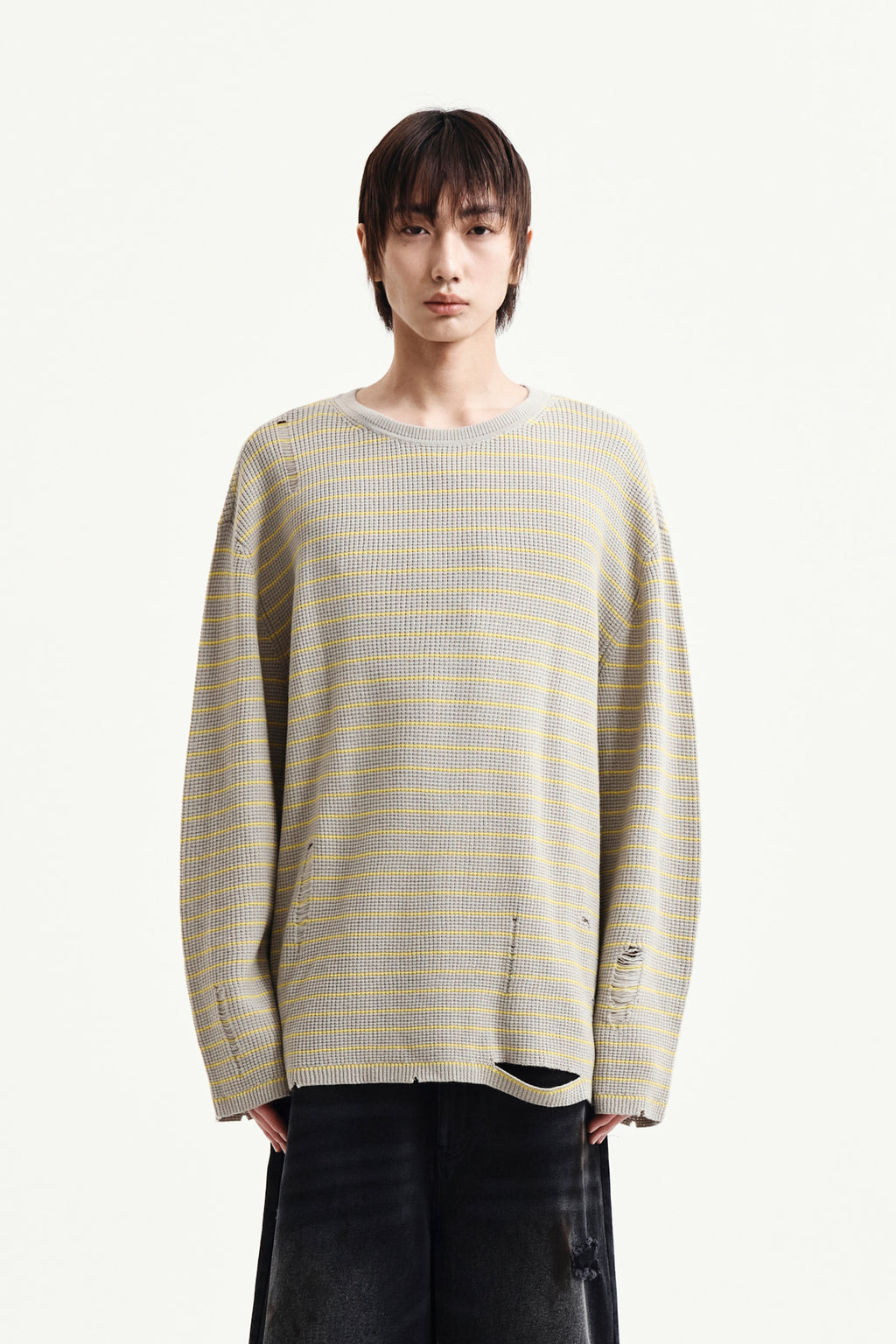 Matin Kim - Stripe Damaged Loose Pullover (Beige) product image 10 | TRAB K-Fashion Australia