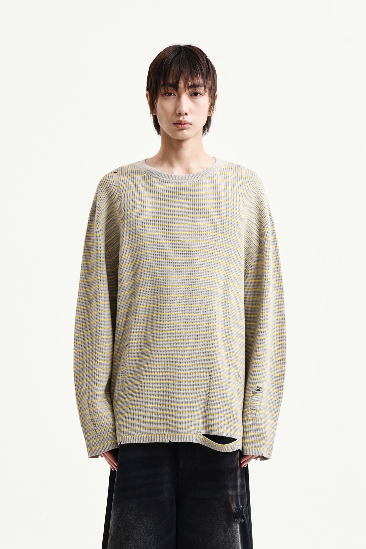 Matin Kim - Stripe Damaged Loose Pullover (Beige) product image 10 | TRAB K-Fashion Australia