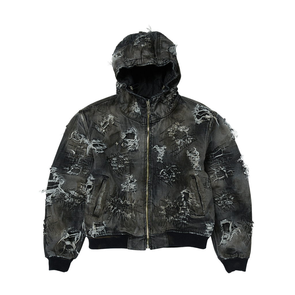 Thug Club - Hard-Washed Damaged Denim Hooded Zip-Up (Black) product image 1 | TRAB K-Fashion Australia