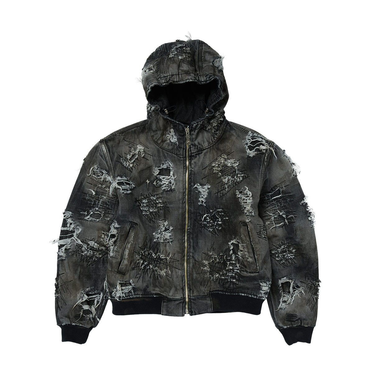 Thug Club - Hard-Washed Damaged Denim Hooded Zip-Up (Black) product image 1 | TRAB K-Fashion Australia