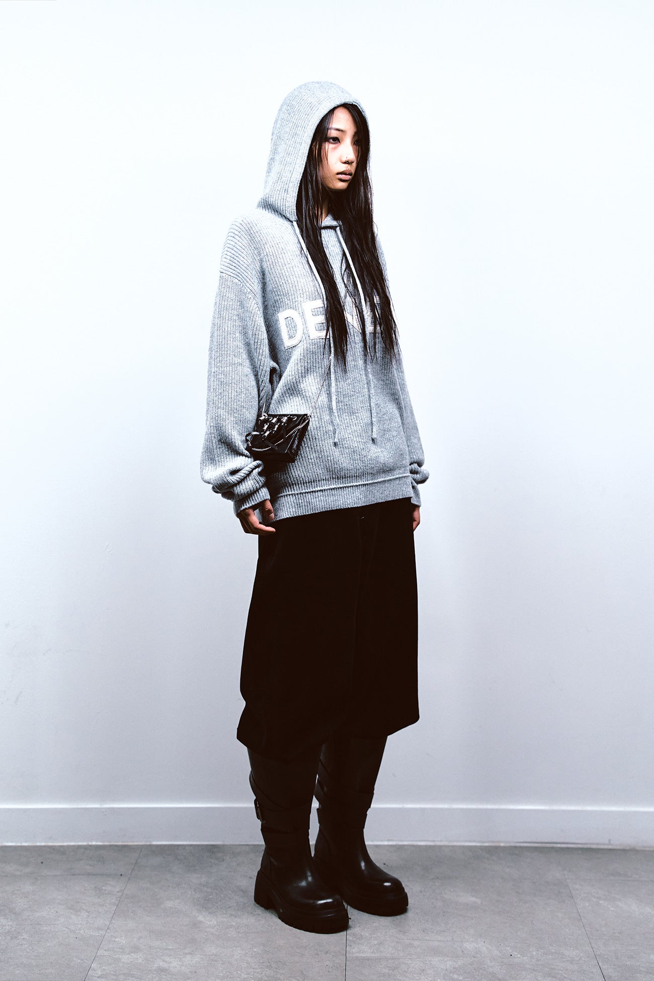 Deinet - Basic Logo Knit Hoodie (Melange Grey) product image 2 | TRAB K-Fashion Australia