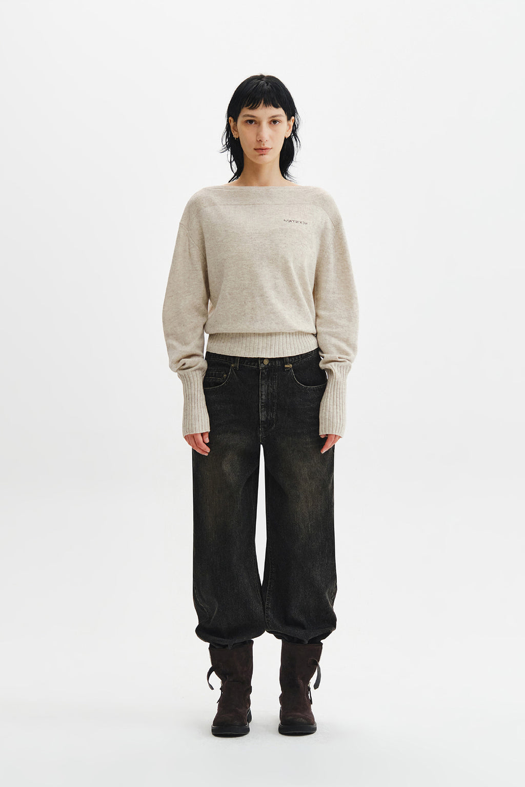 Matin Kim - Boat Neck Volume Sleeve Knit Pullover (Light Beige) product image 7 | TRAB K-Fashion Australia