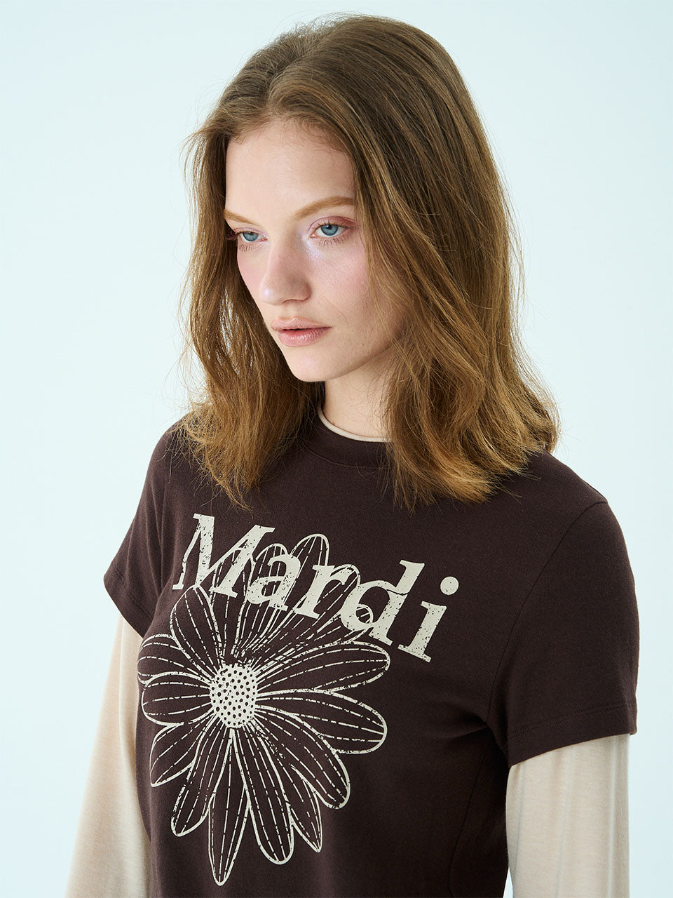Mardi Mercredi - Slim Tshirt Long Sleeve Layered Flowermardi Cracked (Brown) product image 1 | TRAB K-Fashion Australia
