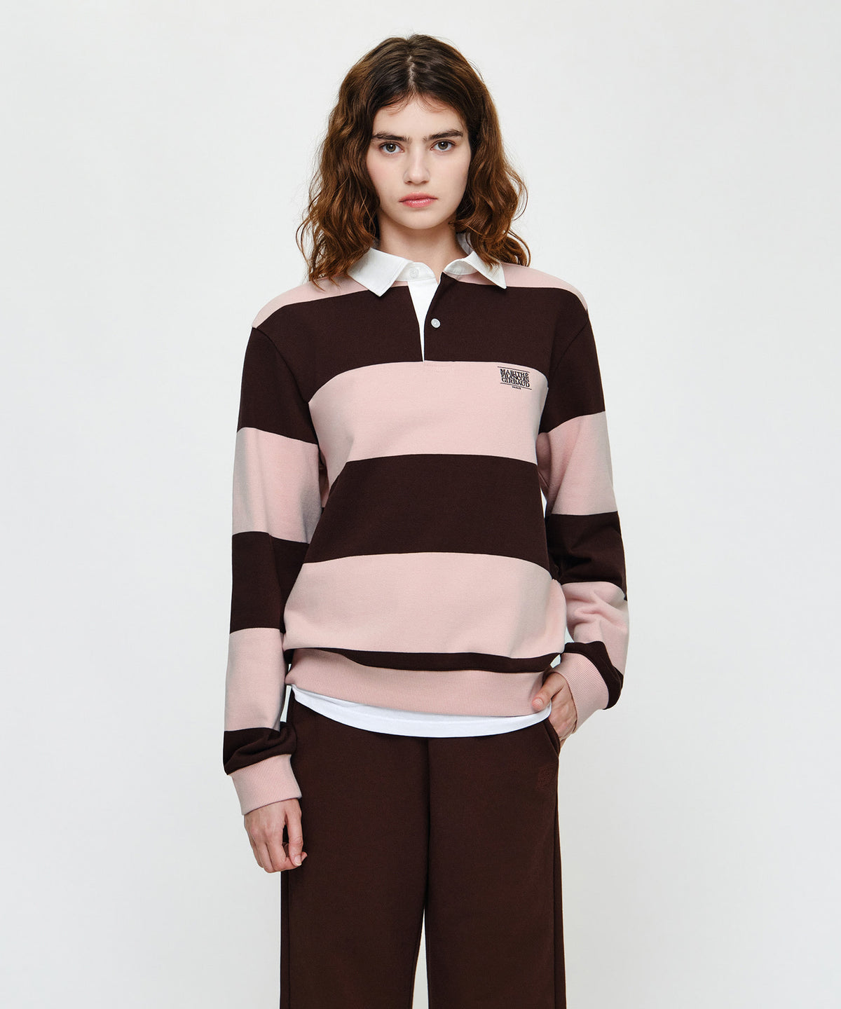Marithe & Francois Girbaud - Small Classic Logo Rugby Stripe Sweatshirt (Brown) product image 1 | TRAB K-Fashion Australia