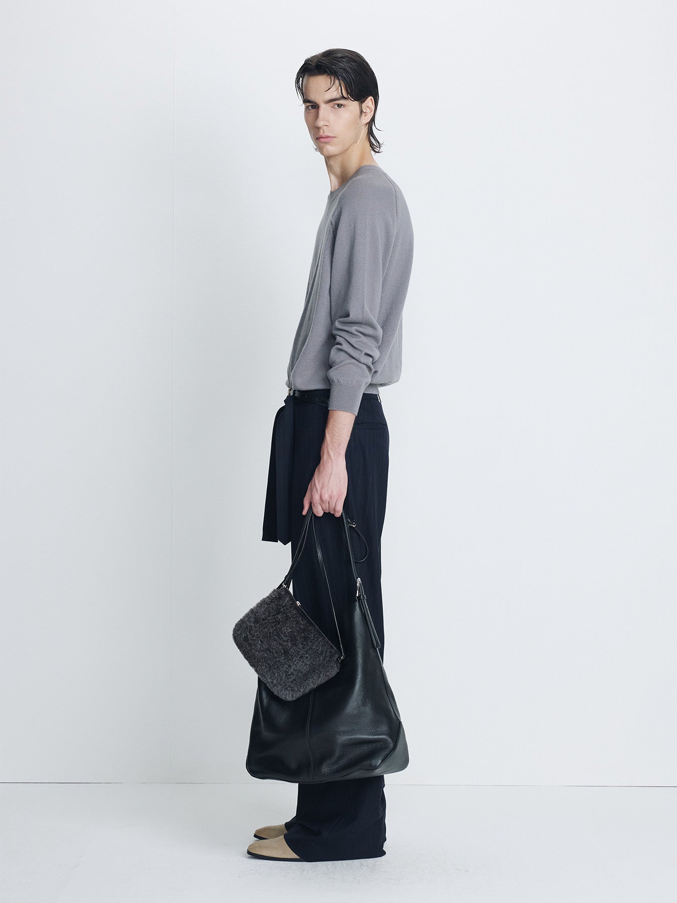 Tonywack - Pinstriped Wool Belted Trousers (Navy Pinstripe) product image 2 | TRAB K-Fashion Australia