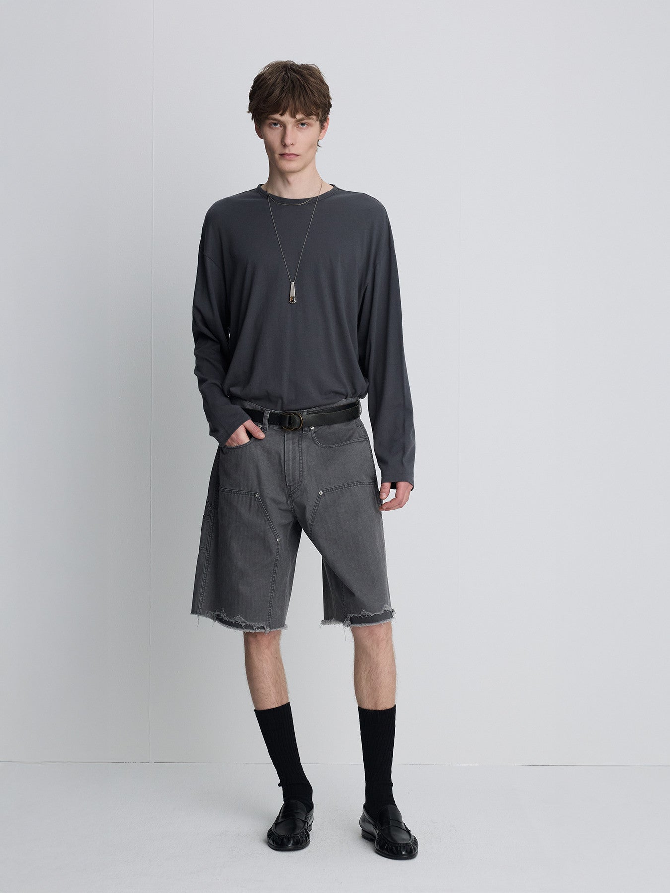 Tonywack - Hand Distressed Hbt Double Knee Shorts (Faded Carbon) product image 1 | TRAB K-Fashion Australia