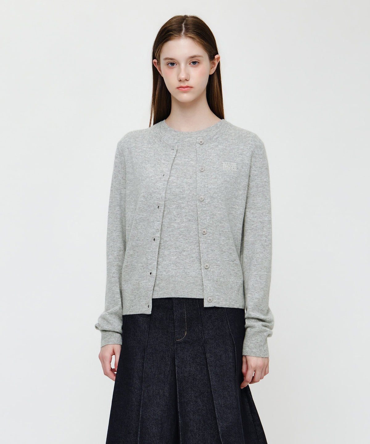 Marithe & Francois Girbaud - Small Classic Logo Round Neck Cardigan Set Up (Melange Gray) product image 1 | TRAB K-Fashion Australia
