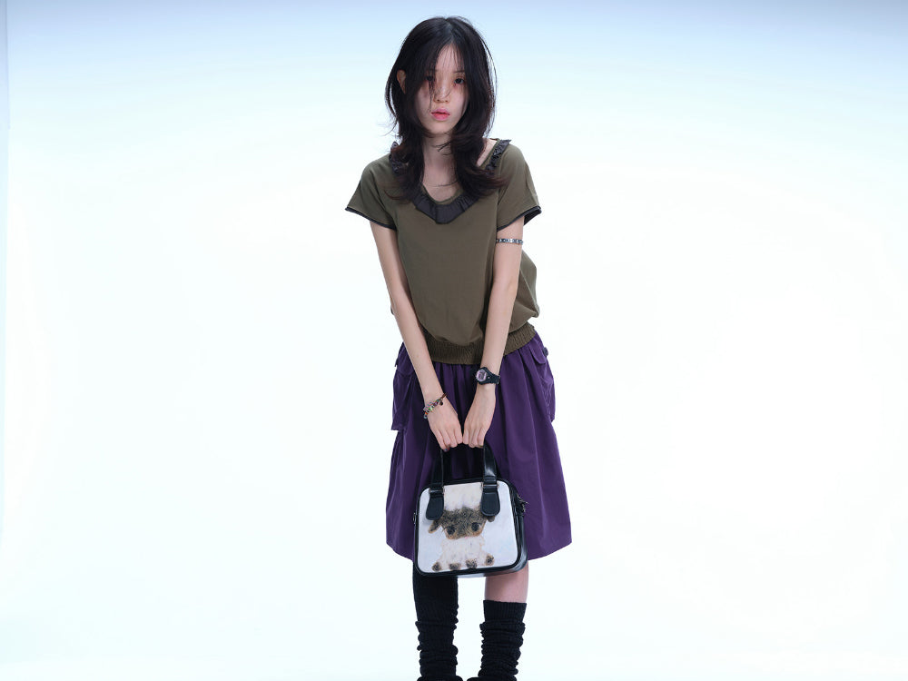 Coyseio - Ruffle V-Neck Smocked T-Shirt (Olive) product image 2 | TRAB K-Fashion Australia