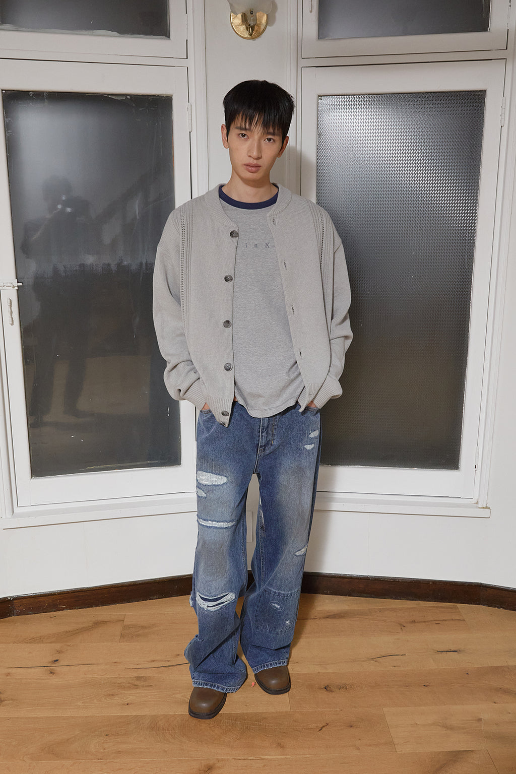 Matin Kim - Punching Line Point Round Neck Cardigan (Grey) product image 12 | TRAB K-Fashion Australia