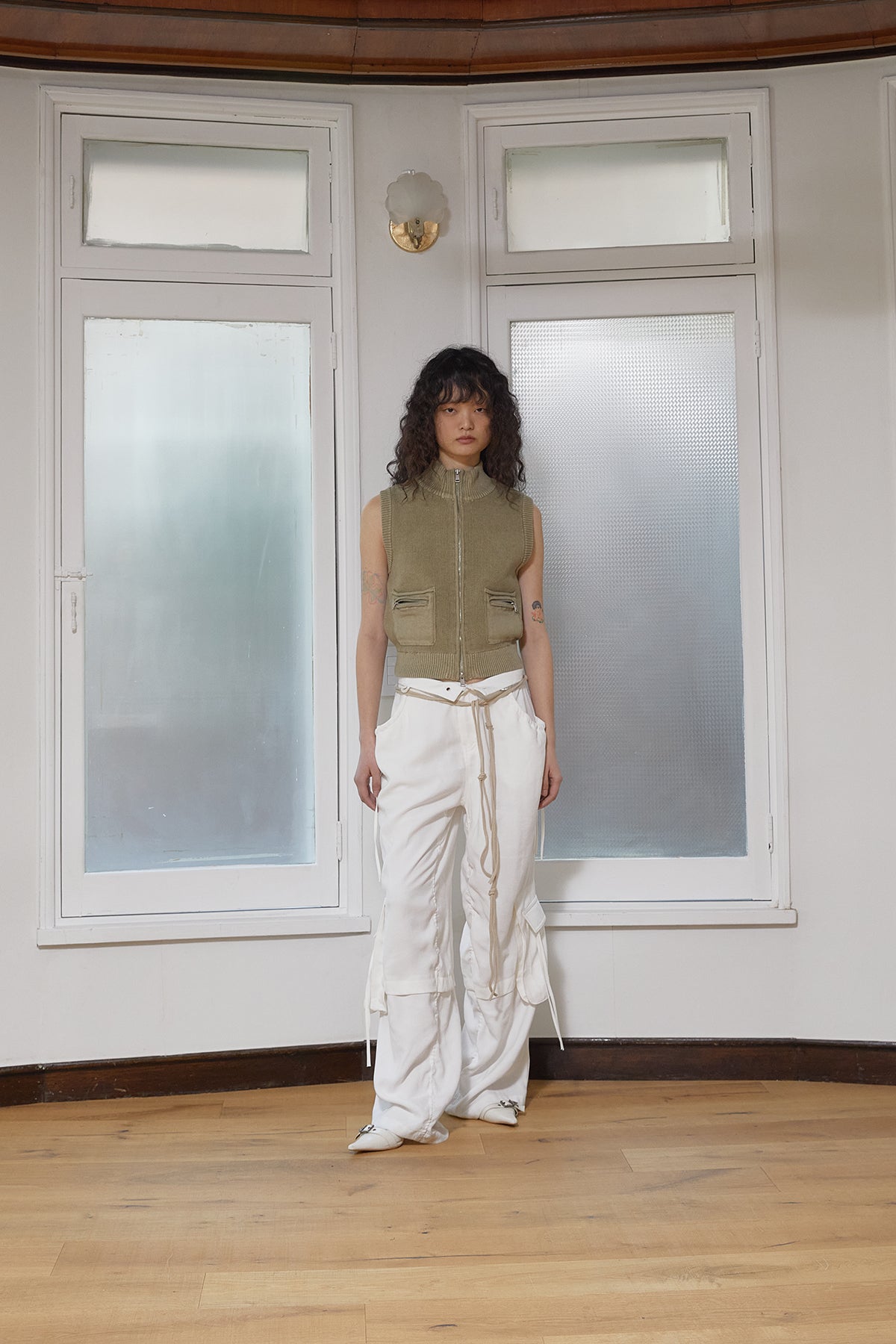 Matin Kim - Logo Point Washed Knit Vest (Light Khaki) product image 10 | TRAB K-Fashion Australia