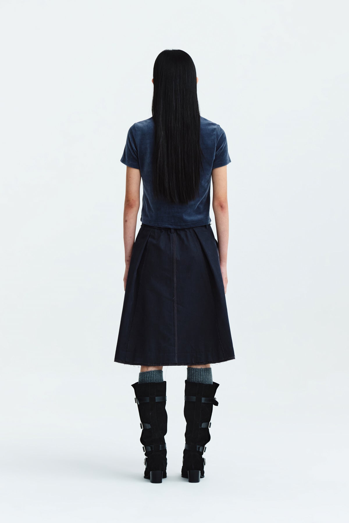 Matin Kim - Logo Emboss Velvet Crop Top (Smoke Blue) product image 8 | TRAB K-Fashion Australia