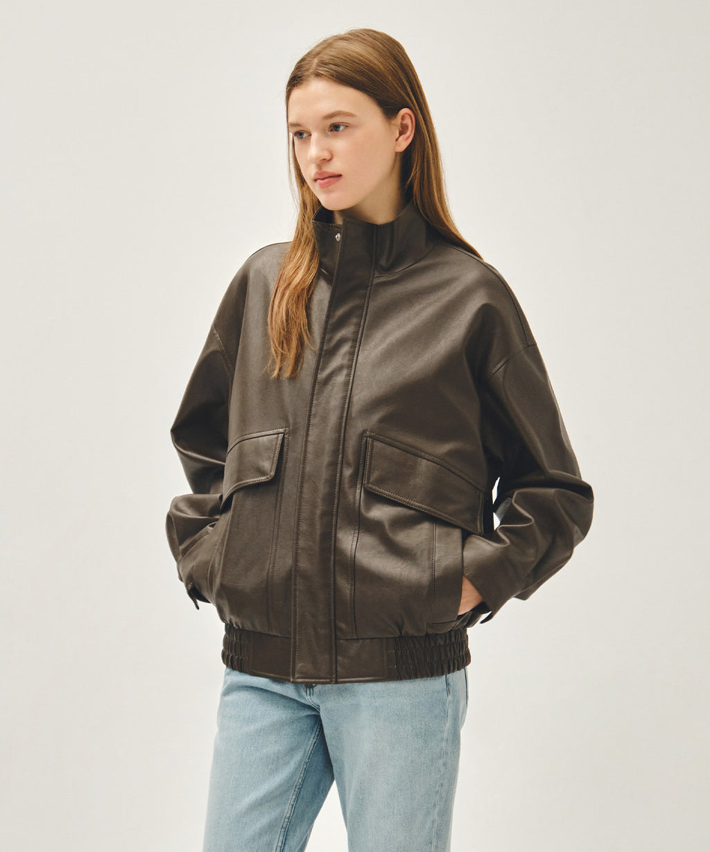 Marithe & Francois Girbaud - Faux Leather High Neck Jacket (Brown) product image 2 | TRAB K-Fashion Australia