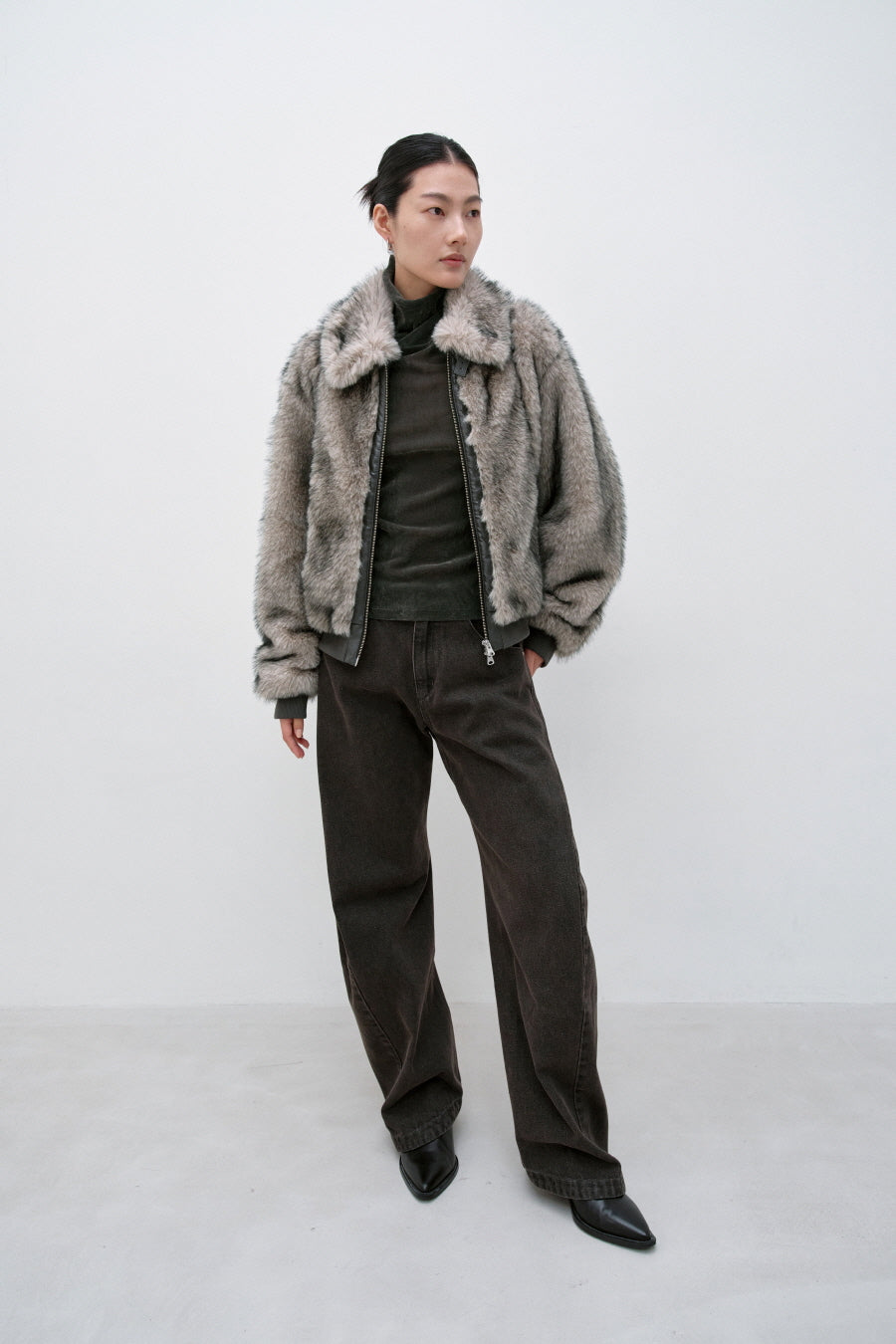 Insilence - Buckle Two-Tone Fur Jacket (Grey Brown) product image 3 | TRAB K-Fashion Australia