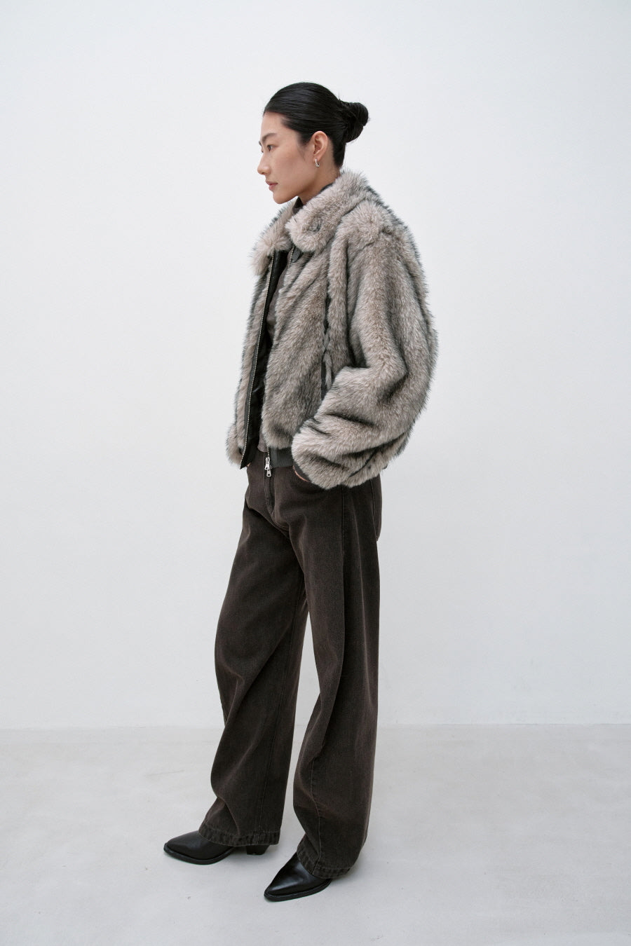 Insilence - Buckle Two-Tone Fur Jacket (Grey Brown) product image 4 | TRAB K-Fashion Australia