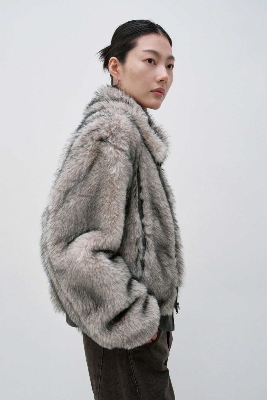 Insilence - Buckle Two-Tone Fur Jacket (Grey Brown) product image 2 | TRAB K-Fashion Australia