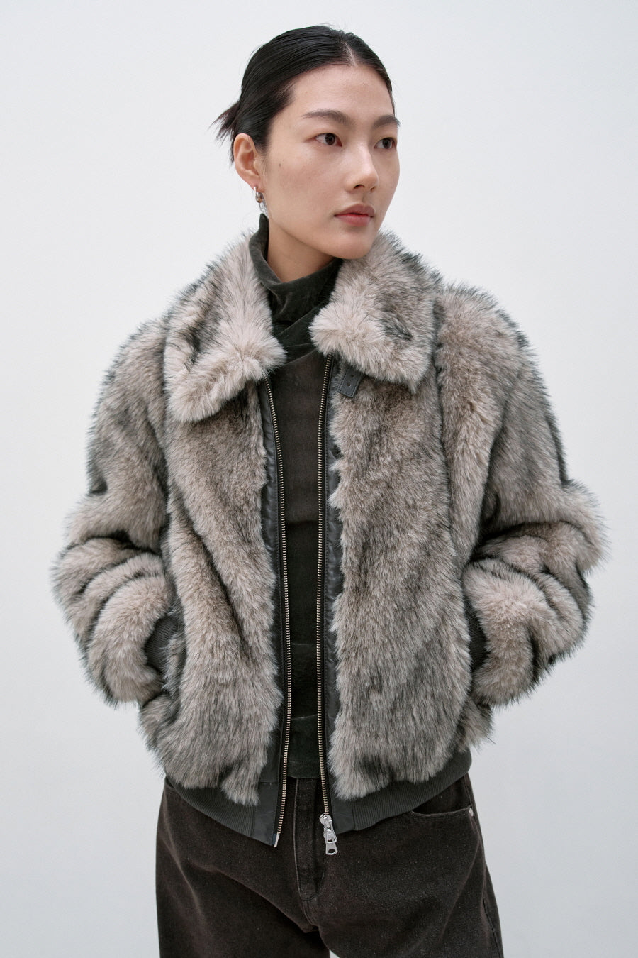 Insilence - Buckle Two-Tone Fur Jacket (Grey Brown) product image 1 | TRAB K-Fashion Australia