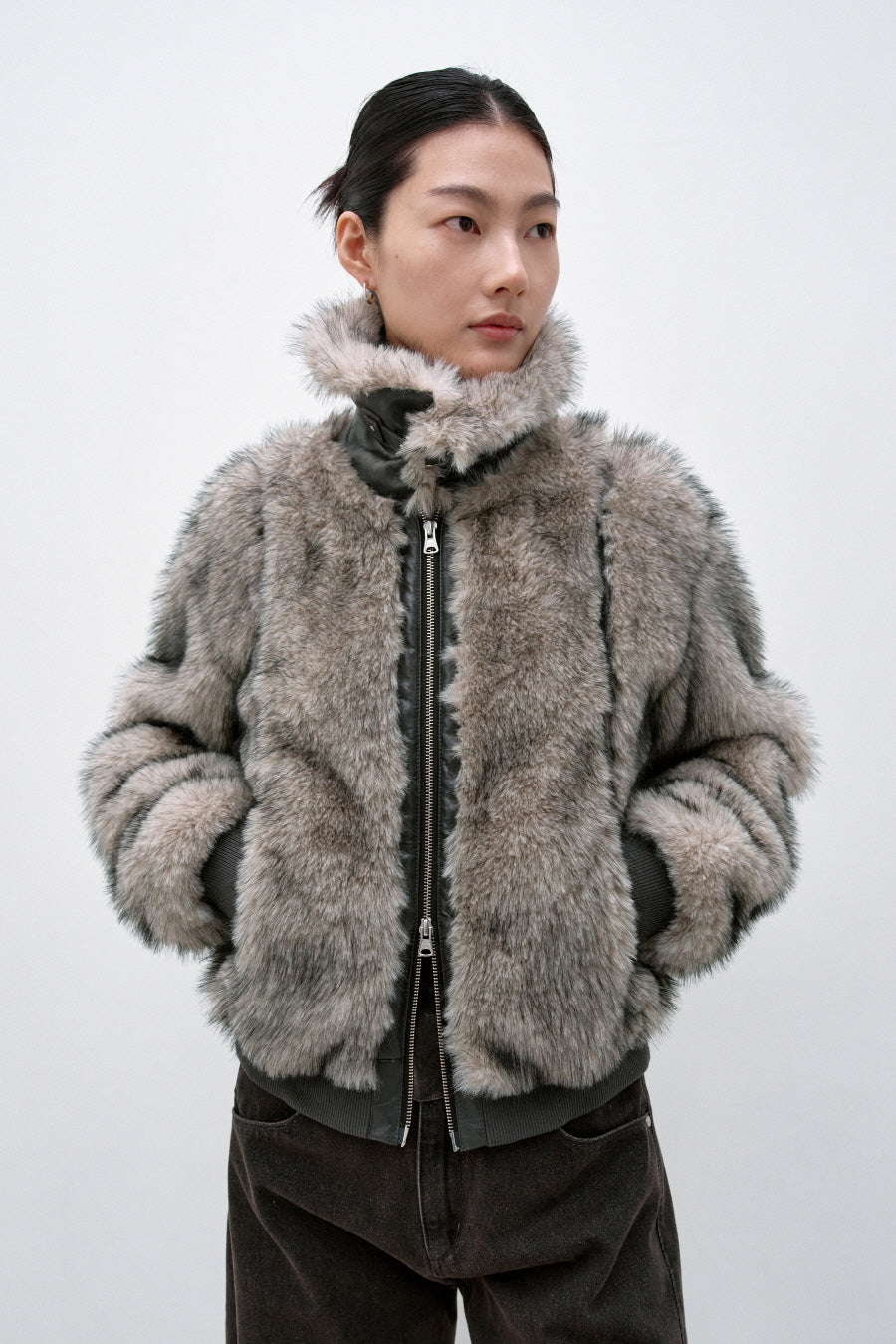 Insilence - Buckle Two-Tone Fur Jacket (Grey Brown) product image 5 | TRAB K-Fashion Australia