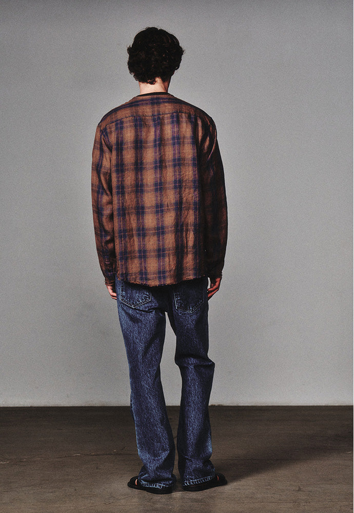 Art if acts - Non Collar Linen French Check Shirt (Blue/Brown) product image 4 | TRAB K-Fashion Australia