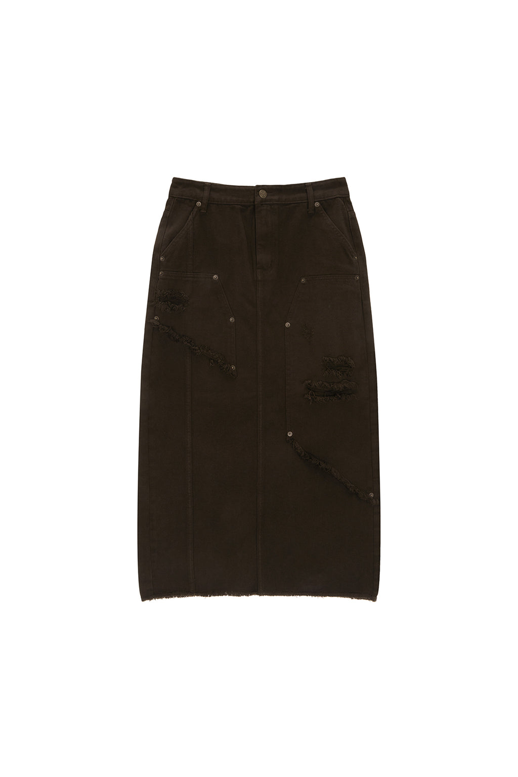 Matin Kim - Unbalance Damage Denim Skirt (Khaki) product image 1 | TRAB K-Fashion Australia