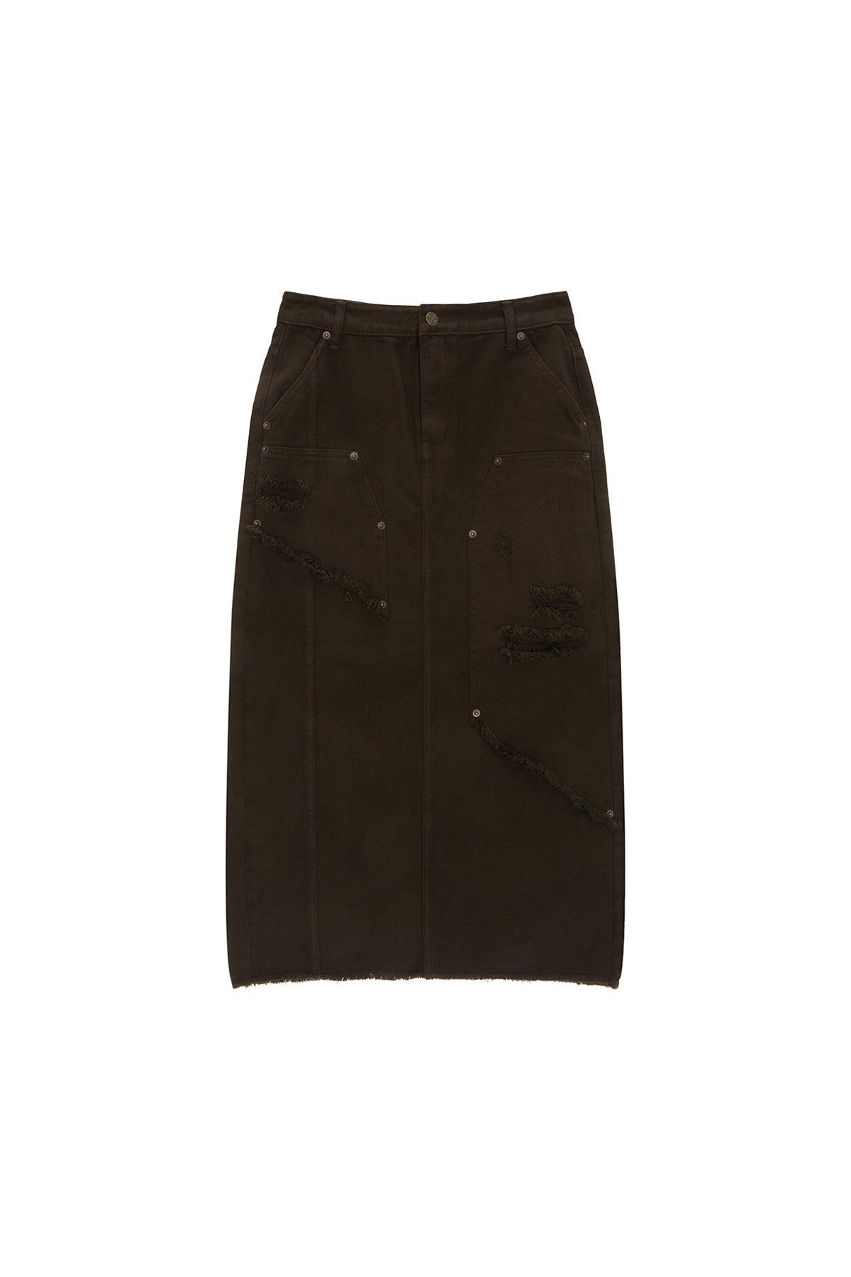 Matin Kim - Unbalance Damage Denim Skirt (Khaki) product image 1 | TRAB K-Fashion Australia