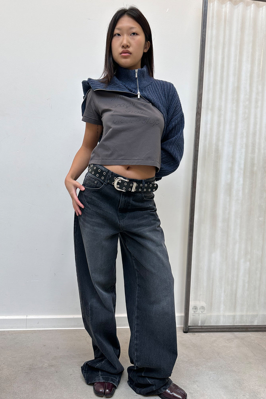 Matin Kim - Glitter Print Lettering Top (Charcoal) product image 5 | TRAB K-Fashion Australia