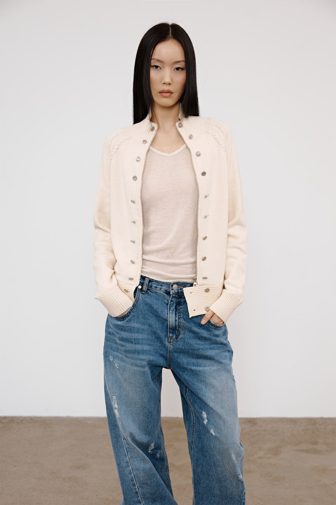 Deinet - High-Neck Stud Knit Outer (Ivory) product image 7 | TRAB K-Fashion Australia