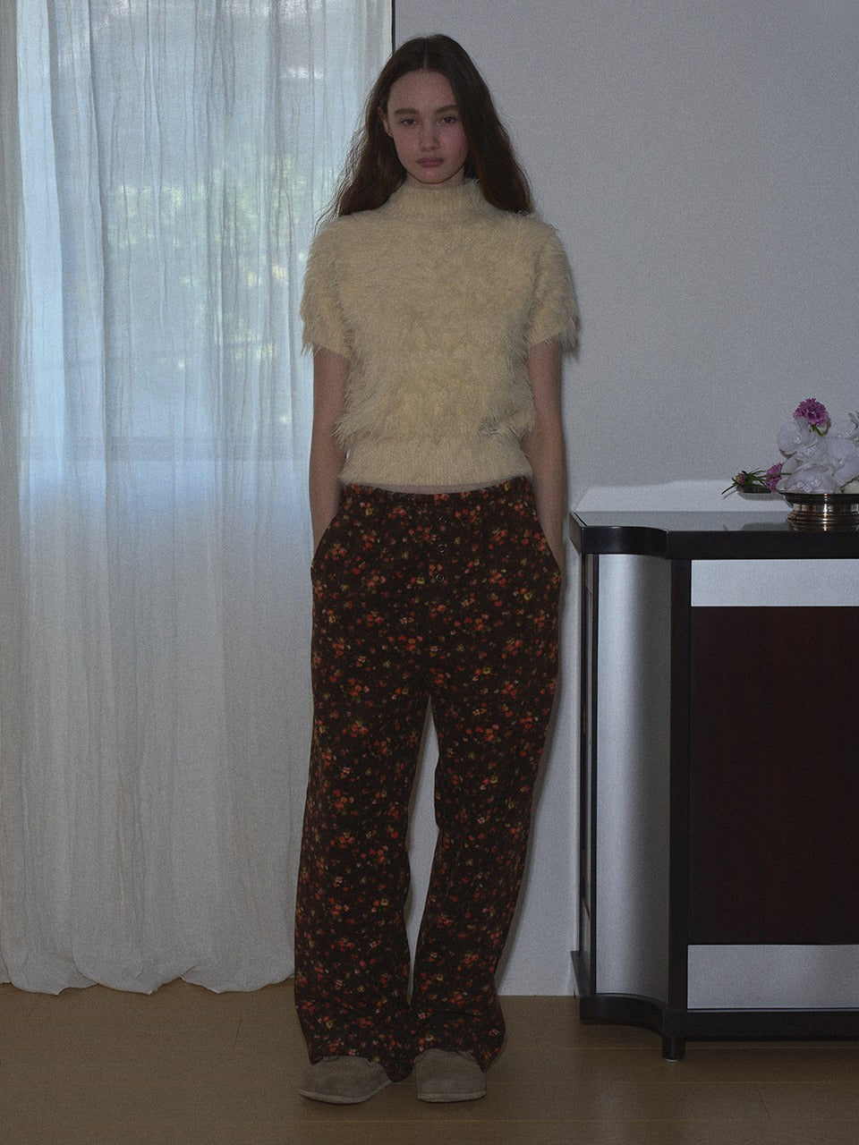 Margarin Fingers - Flower Button Fleece Pants (Brown) product image 1 | TRAB K-Fashion Australia