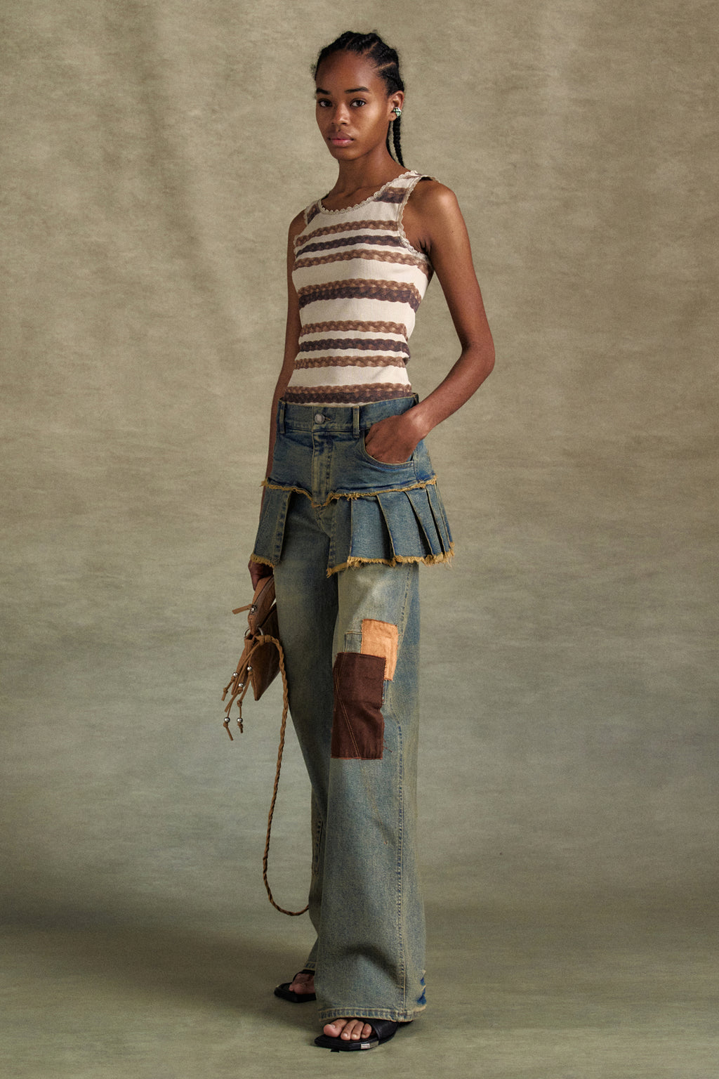 Andersson Bell - Patchwork Denim Pleats Skirt Jeans (Washed Blue) product image 3 | TRAB K-Fashion Australia