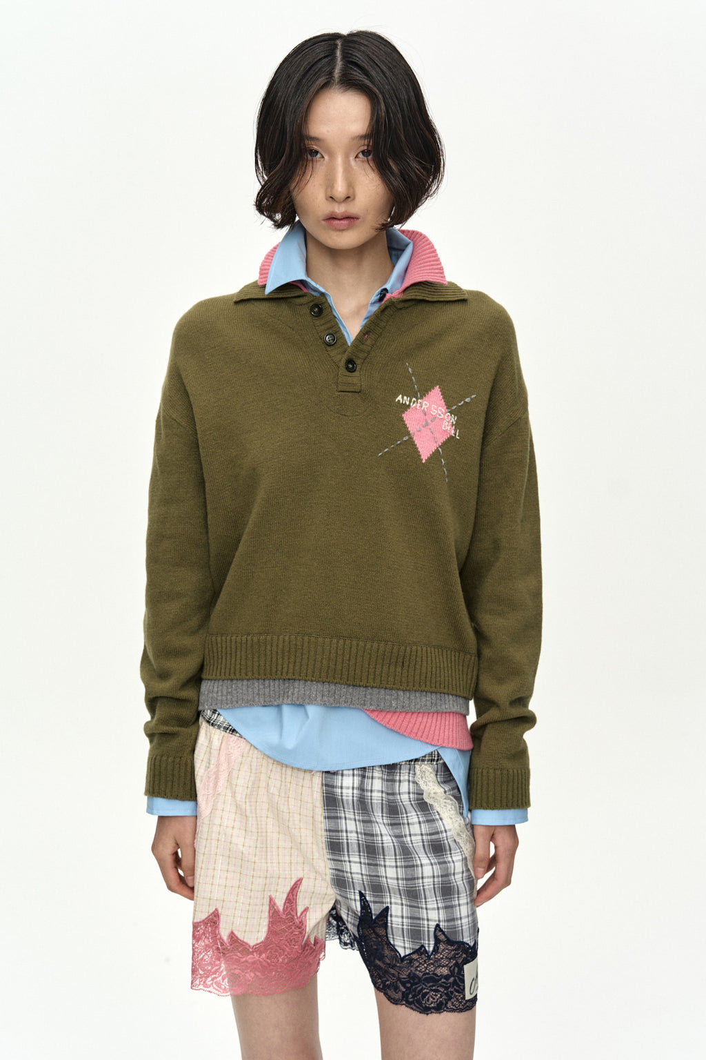 Andersson Bell - Double Collar Argyle Logo Sweater (Khaki/Pink) product image 5 | TRAB K-Fashion Australia
