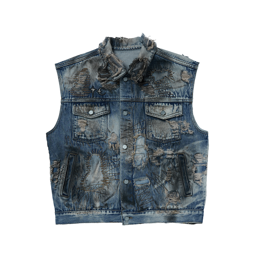 Thug Club - Hard-Washed Damaged Denim Vest (Blue) product image 1 | TRAB K-Fashion Australia