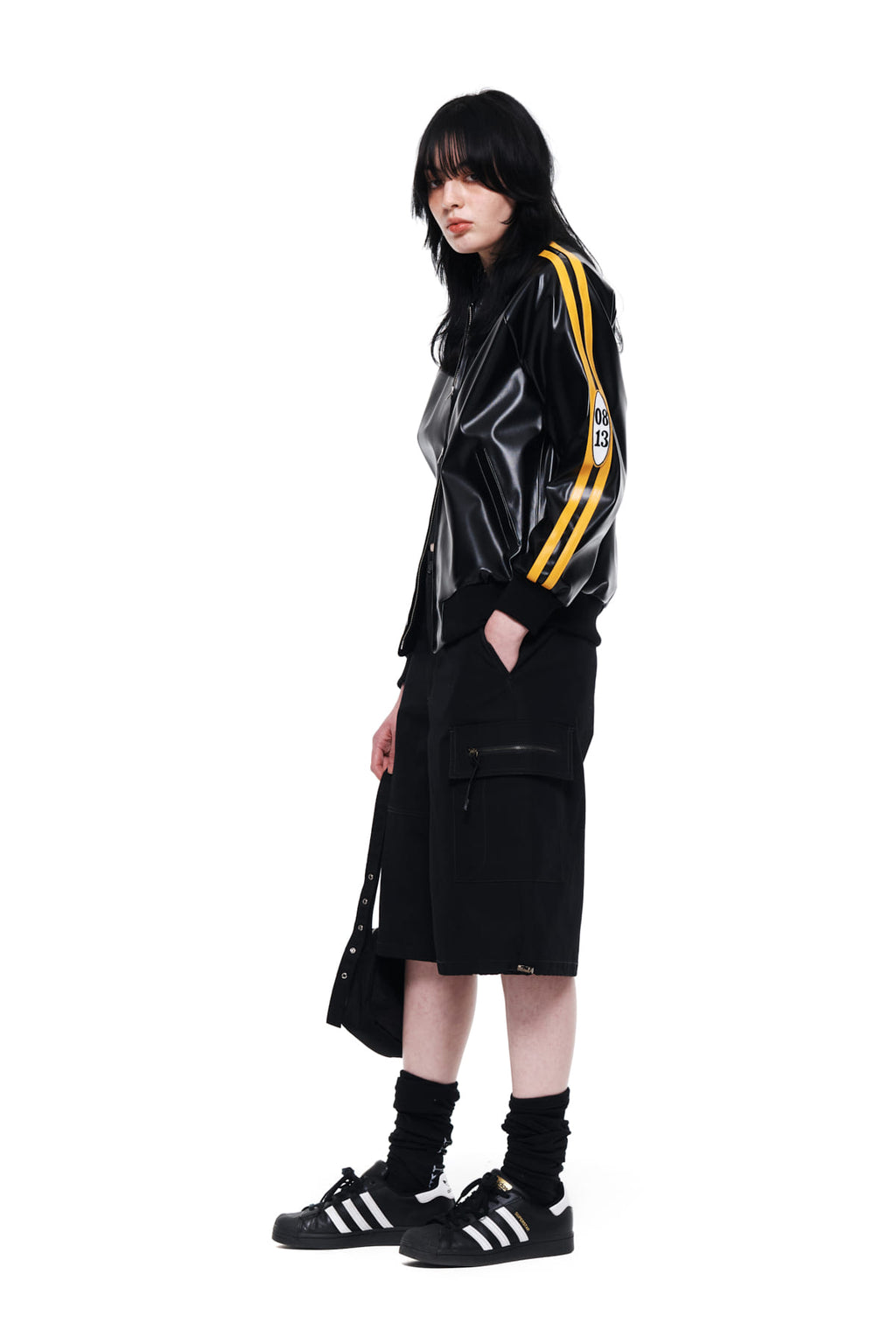Matin Kim - Faux Leather Stadium Jumper (Black) product image 8 | TRAB K-Fashion Australia